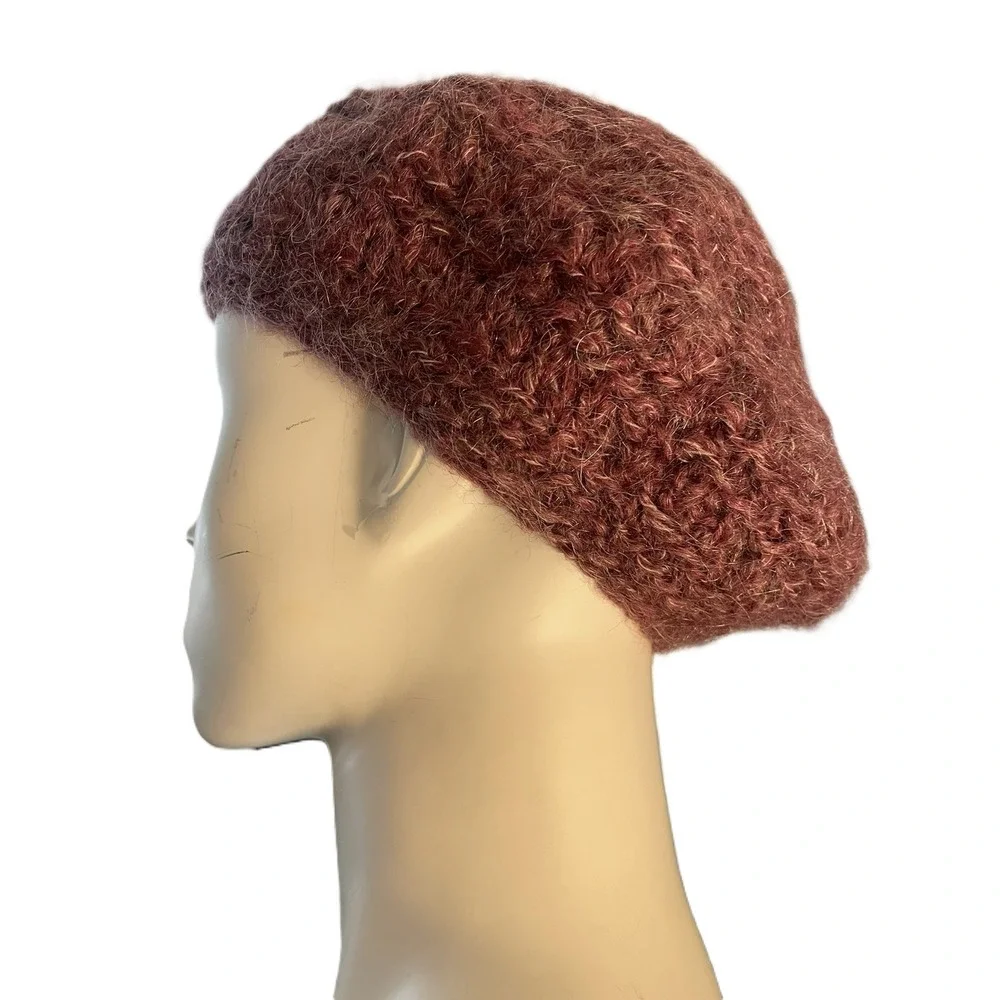 Helena Ruuth Handmade in Ireland Mohair Wool Blend Beret Hat Plum Burgundy Fuzzy